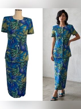 Vintage 90s Y2K Maggy London Womens 4 Silk Tropical Island Skirt Jacket Top Set